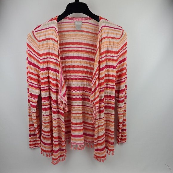 Chicos Womens Wave Tassel Cardigan Sweater Orange Pink Stripe Chicos 1=Medium - Picture 4 of 13